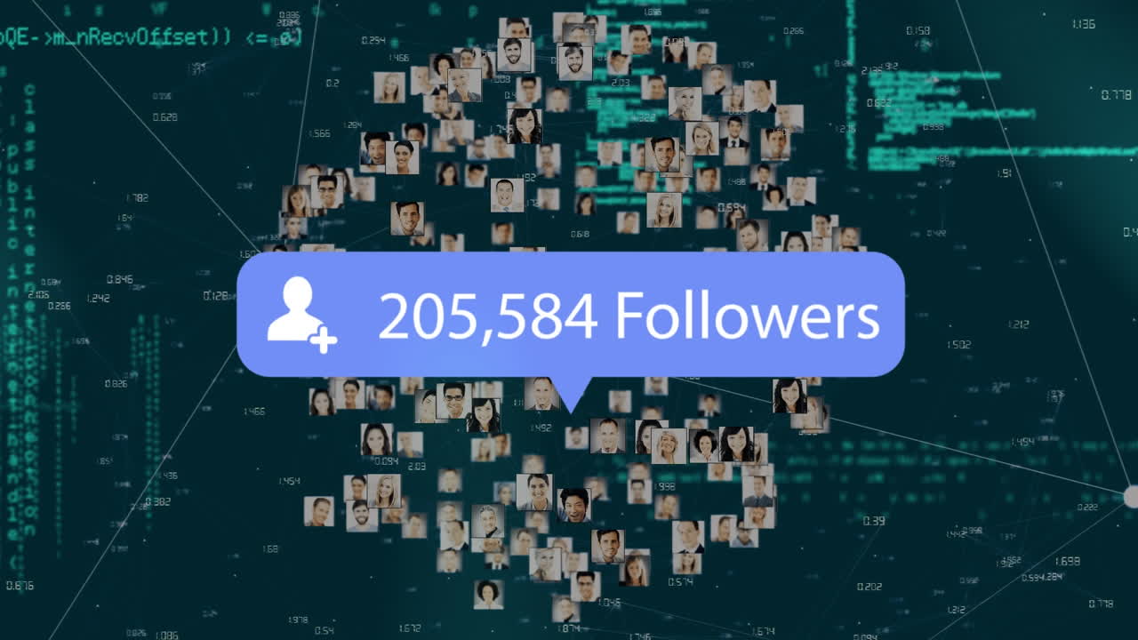 Speech bubble with followers text with increasing numbers against globe of profile icons