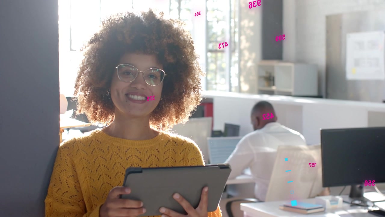 Woman tapping tablet, fixing glasses, smiling as pink metrics animating above tablet for business