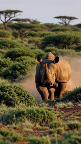 white rhinoceros running through the savanna