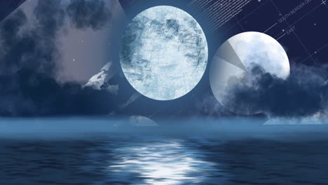 two textured moon-like spheres floating above calm sea at night, reflecting digital grid lines