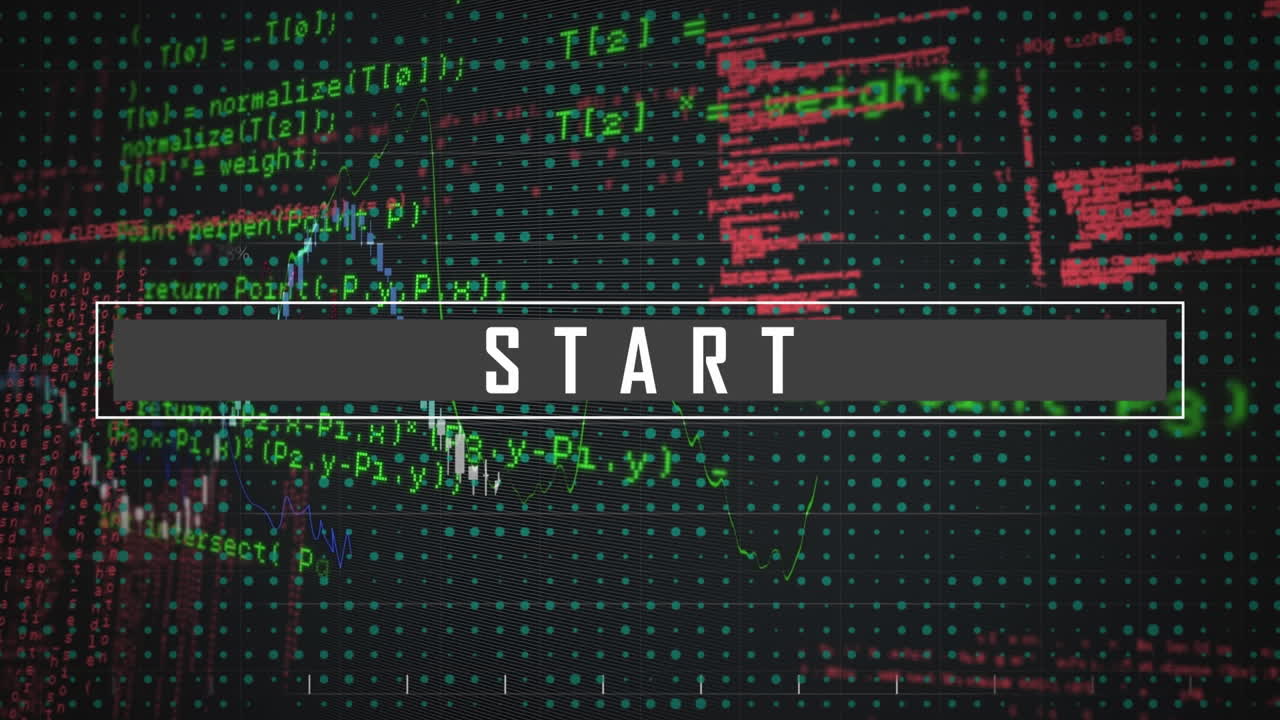 animación del banner de texto de inicio y procesamiento de datos financieros contra un fondo gris.