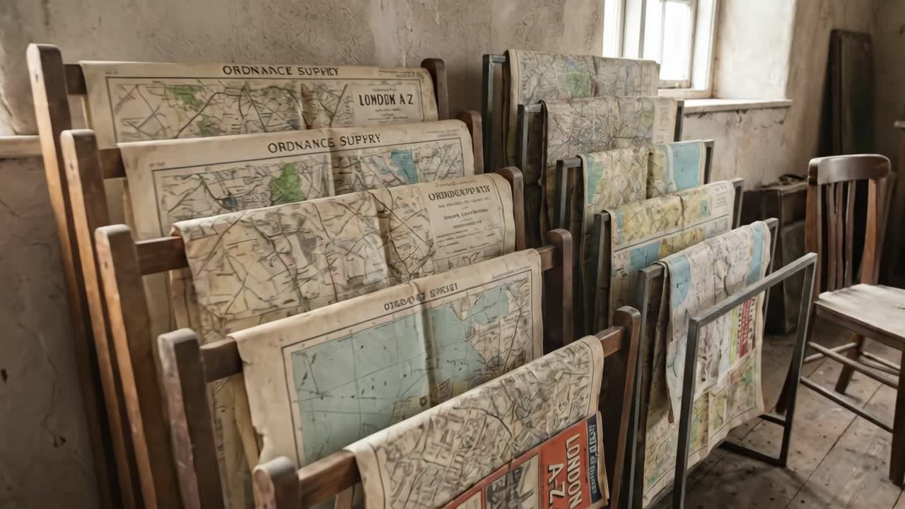 Gamle Ordnance Survey-kart utstilt på stativer i et gammelt rom
