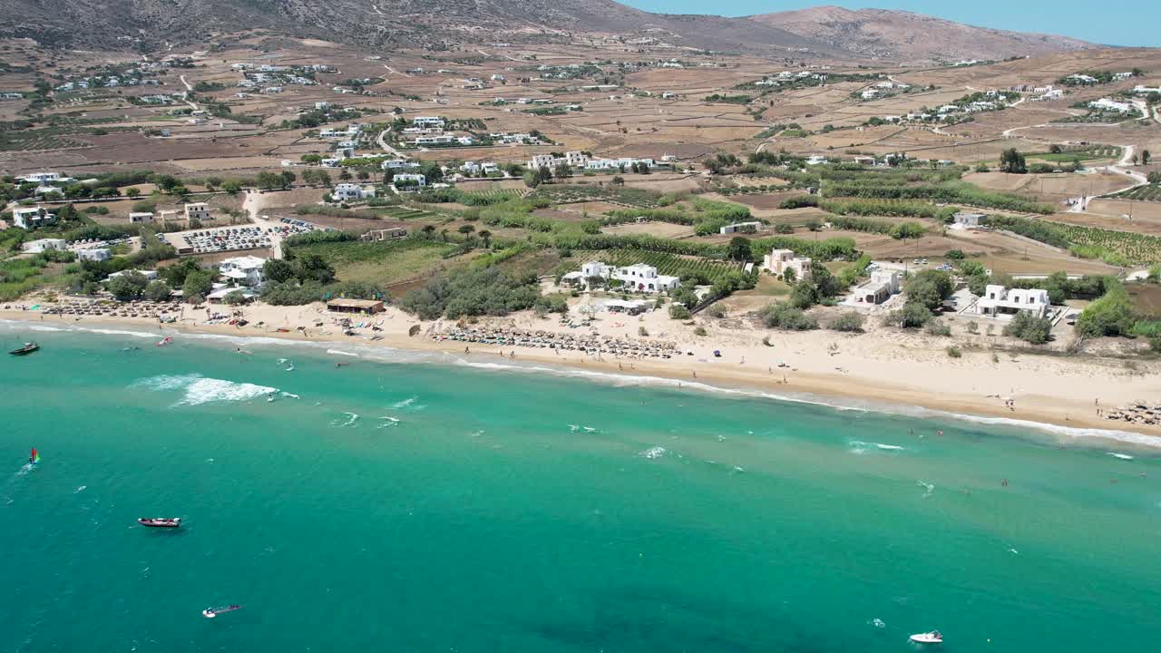 Aerial views from over Golden Beach on the Greek Island of Paros. One of the most famous Kite Surfing and Wind Surfing locations in the world.