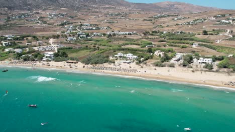 aerial views from over golden beach on the greek island of paros. one of the most famous kite surfing and wind surfing locations in the world.