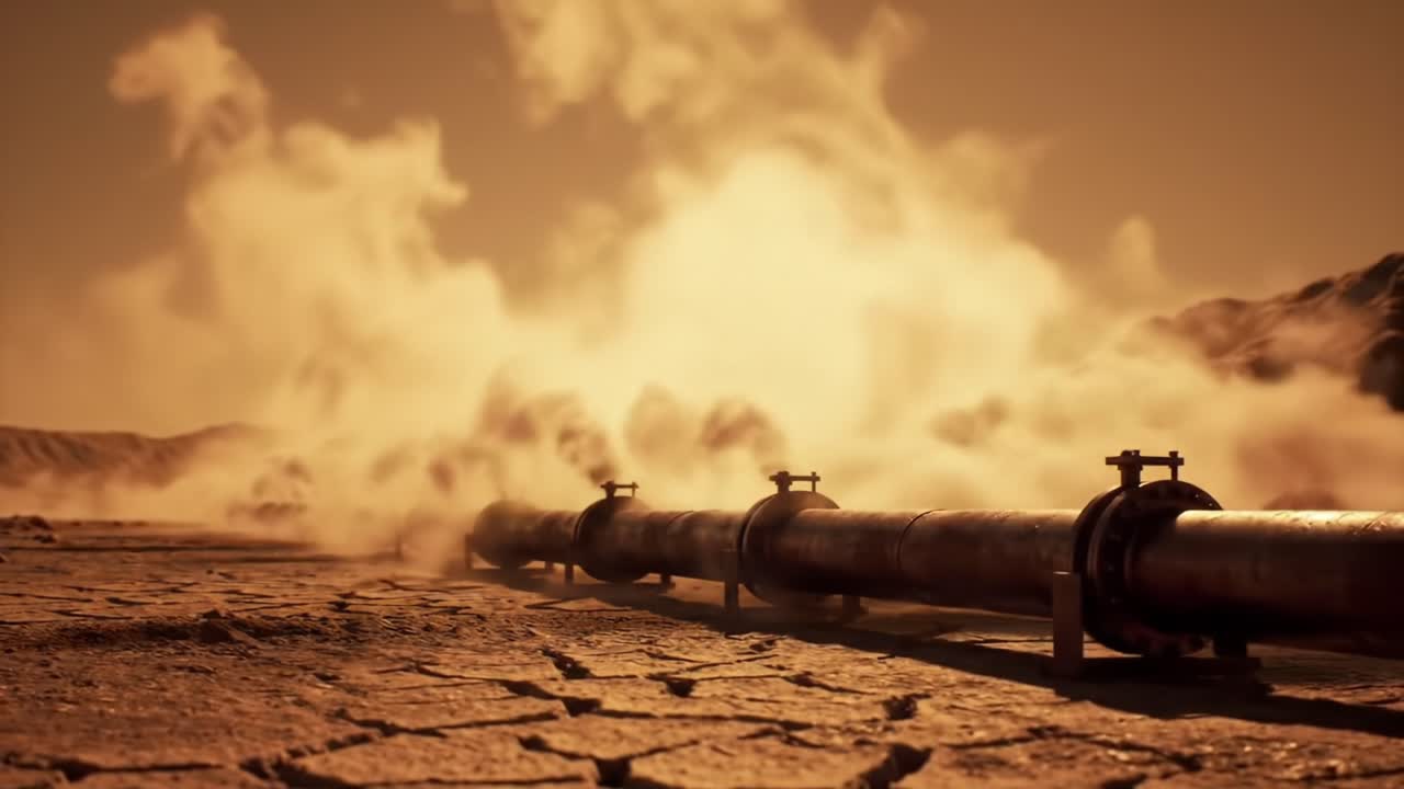 A close-up view of a long, metallic pipeline surrounded by steam and dry, cracked earth, depicting an industrial scene in a dusty environment with swirling mist from the surroundings