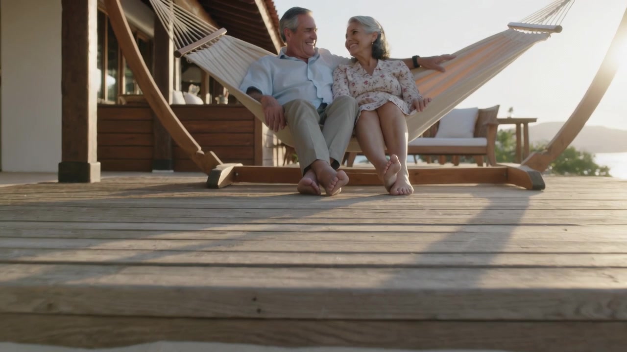 Pulling back, camera showing couple sitting in hammock on beach porch in light clothes watching sea