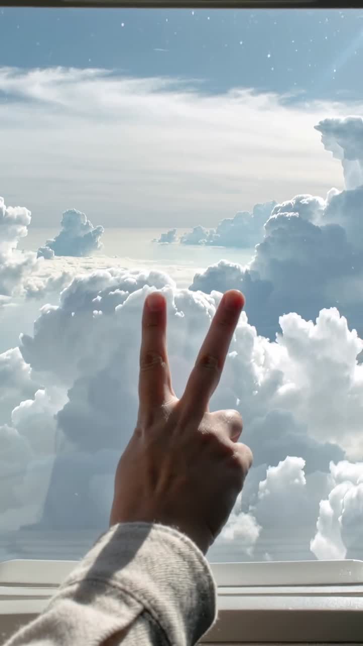 Vertical video: Starting with hand holding V sign against airplane window with light sleeve, clouds
