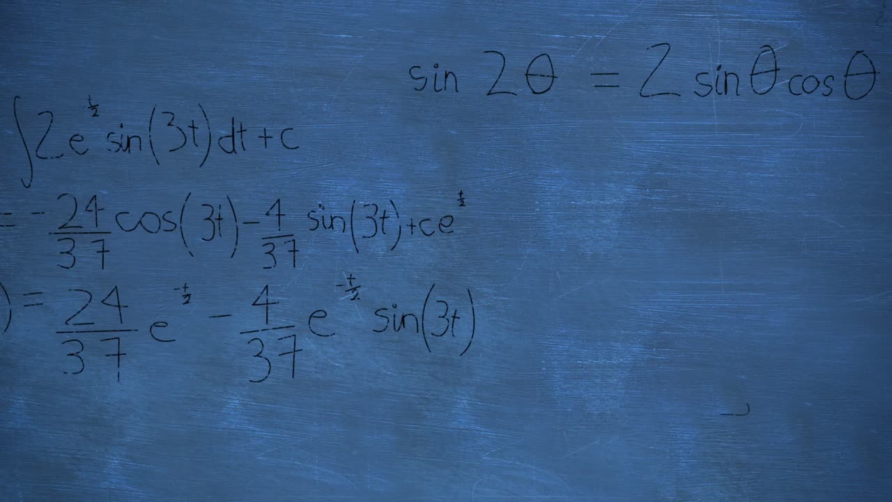 Mathmatical calculations in black floating over a chalkboard background 4k