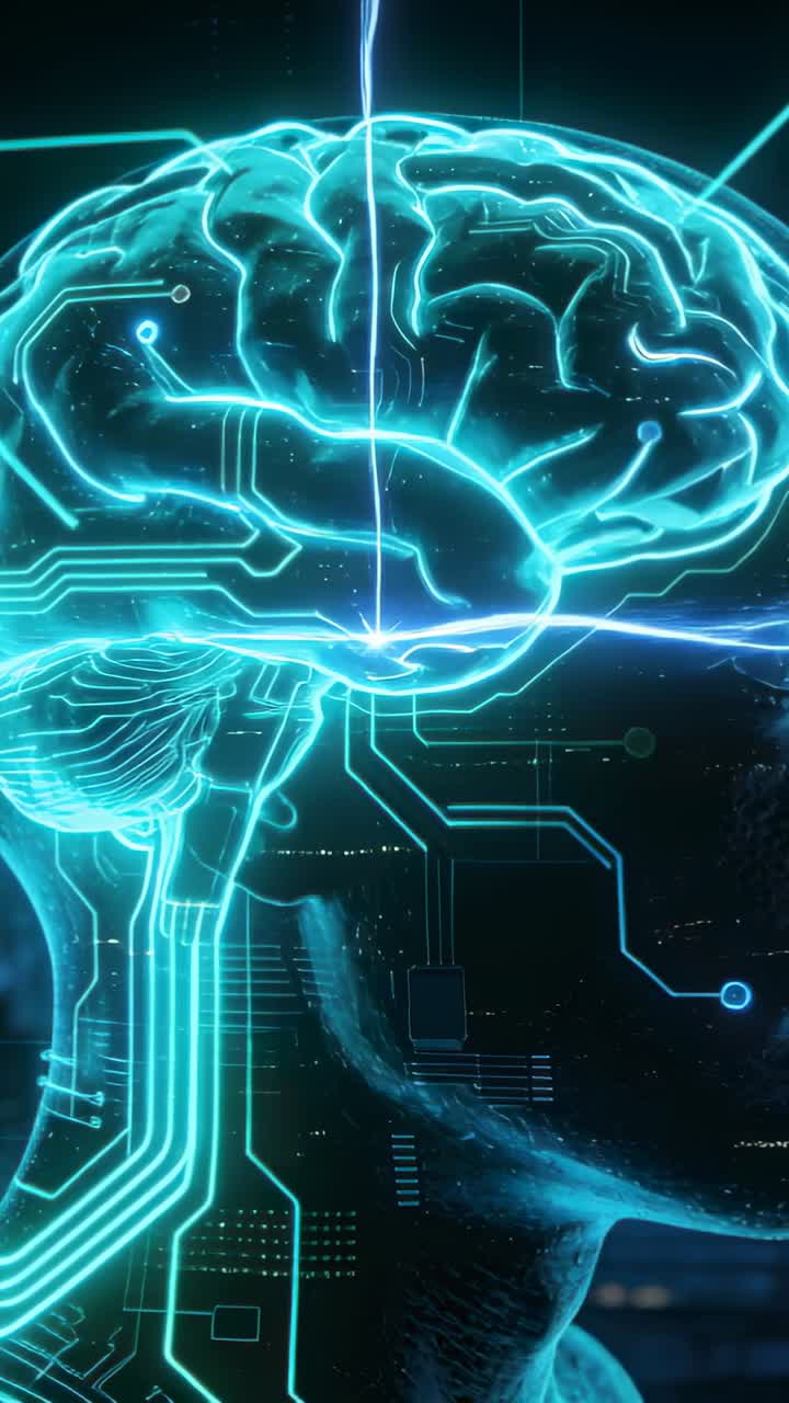 Vertical video: Receiving beam, cyan brain and head pulsing across circuits for mapping in HUD