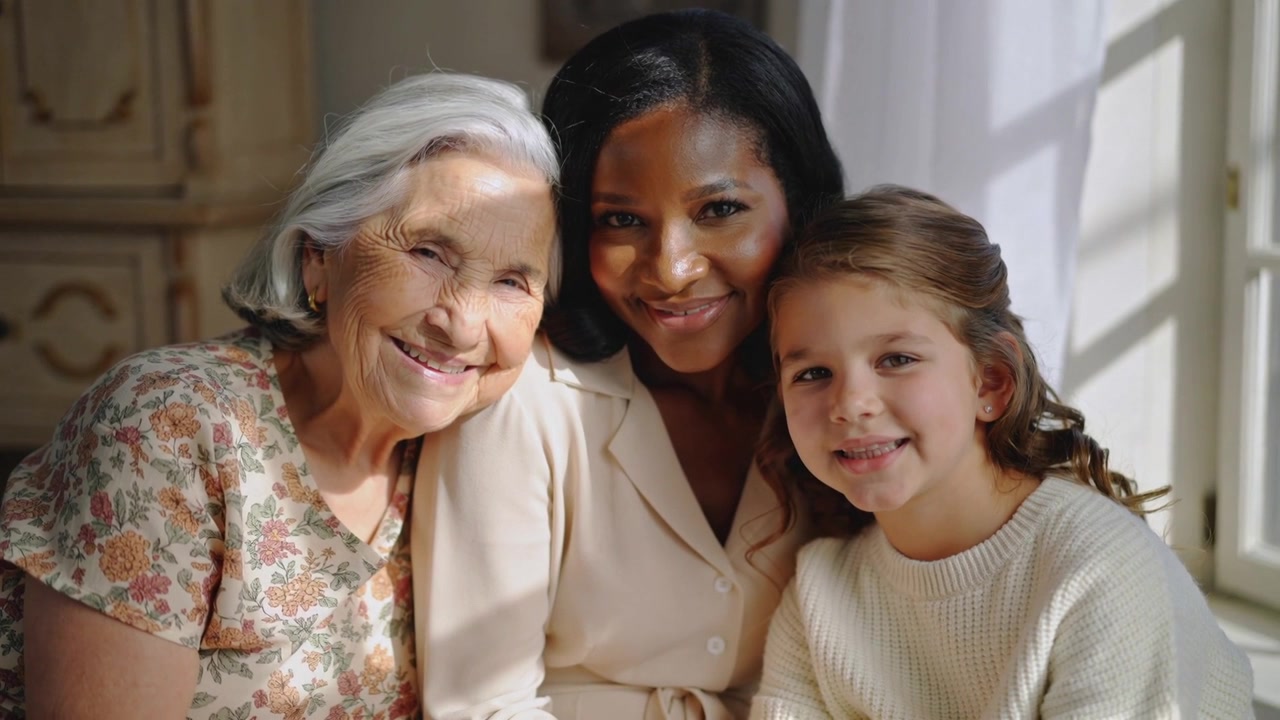 Smiling three-generation family posing for portrait near sunlit window, sunlight shifting