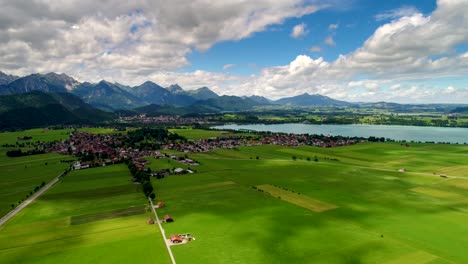 Panorama-from-the-air-Forggensee-and-Schwangau,-Germany,-Bavaria