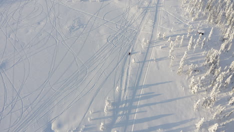 wide drone shot of a man on a snowmobile during a cold winter in sweden