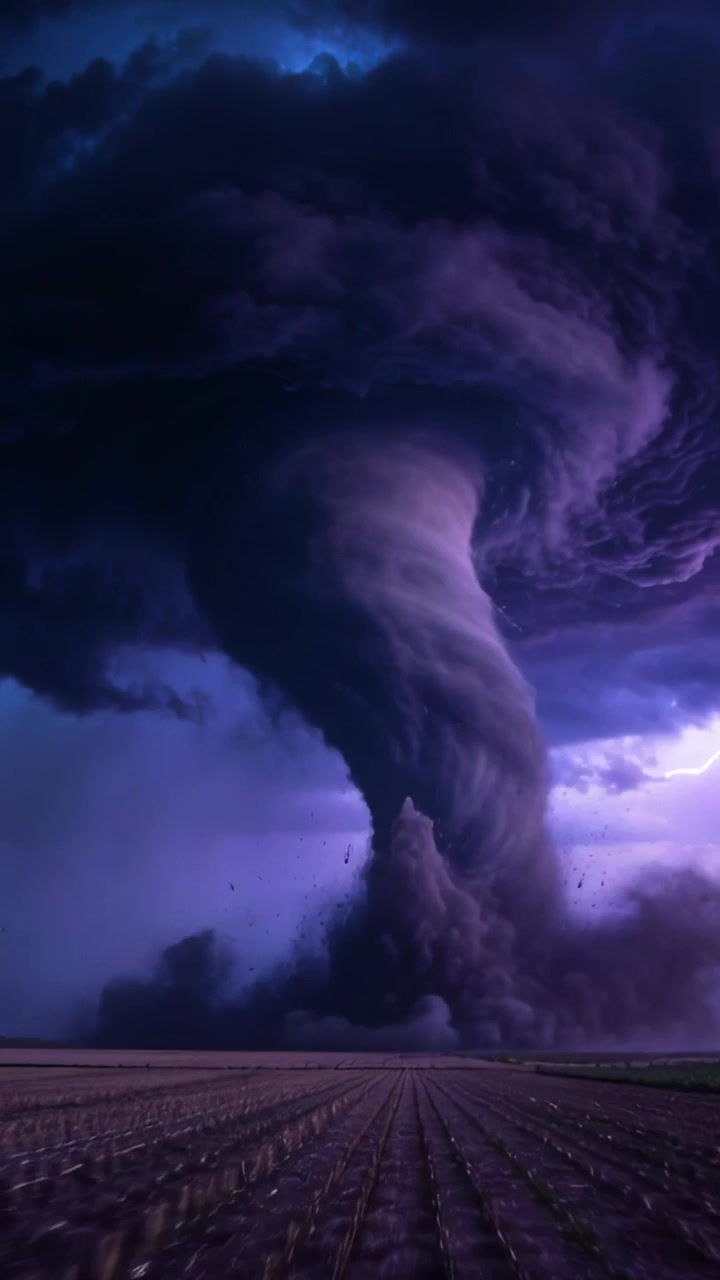 Video vertikal: Membentuk corong tornado dari awan badai, mengangkat debu di atas ladang yang dibajak