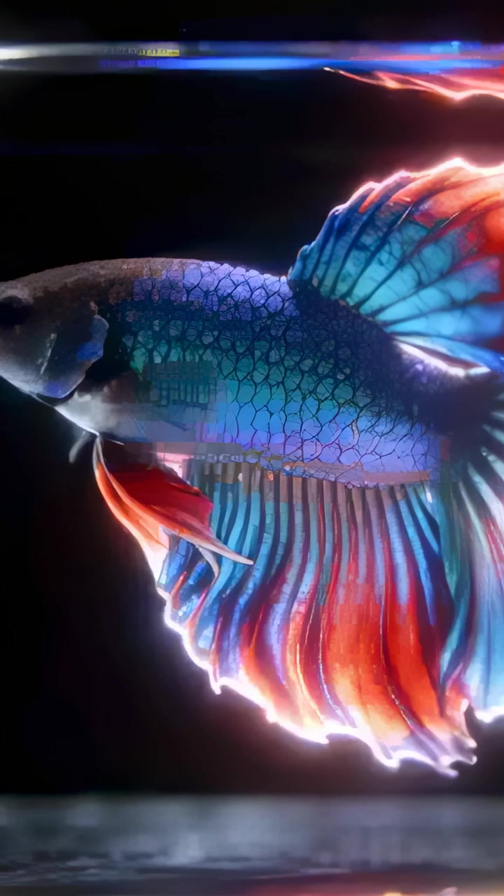 Video verticale: Pesce Betta maschio che sale e sventola le pinne vicino alla superficie dell'acquario, l'illuminazione di contorno ne esalta la bellezza.