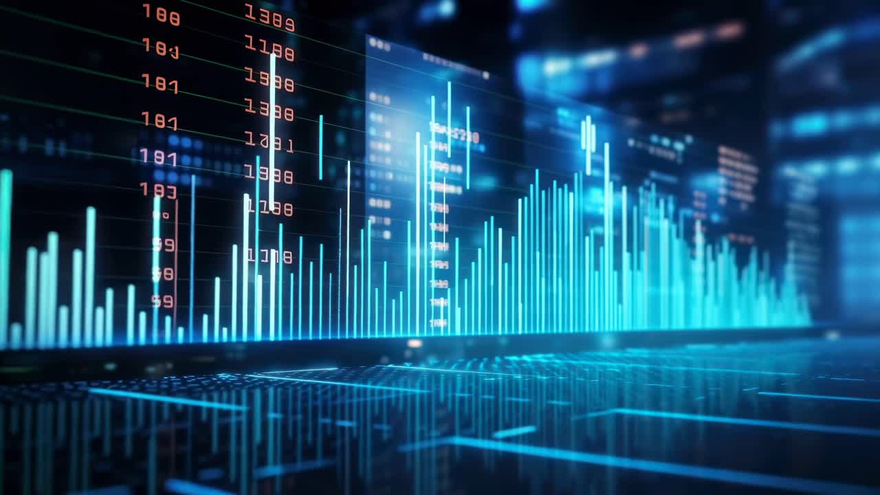 Dynamic video of digital stock market charts, angled from the side, with a futuristic glow