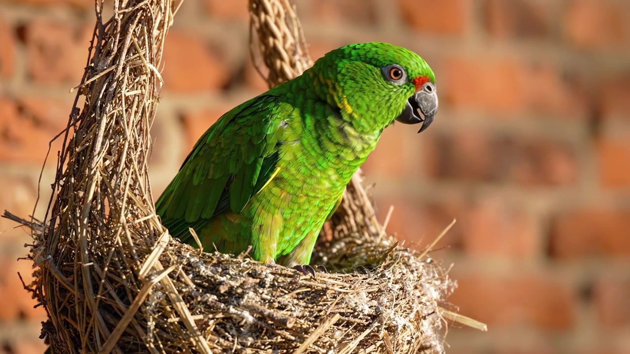 Um Papagaio Verde Vibrante Aninhado Confortavelmente em Seu Ninho Aconchegante: Uma Exibição Colorida da Beleza da Natureza Capturada em Dois Quadros