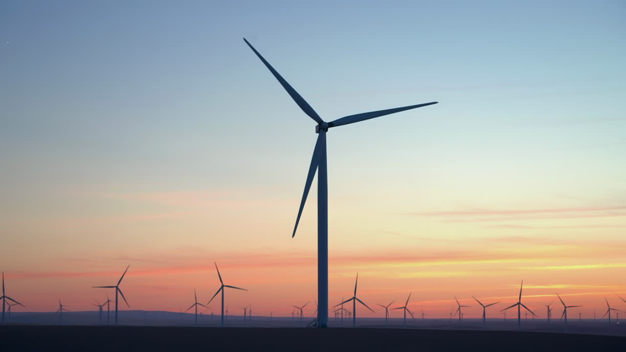 Wind Turbines Across Vast Plain Silhouetted Against Colorful Sunset Sky. wide shot