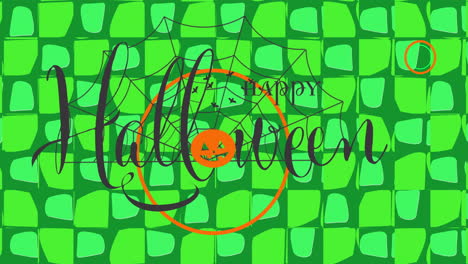 animation of halloween, pumpkin and bats over green background made of squares