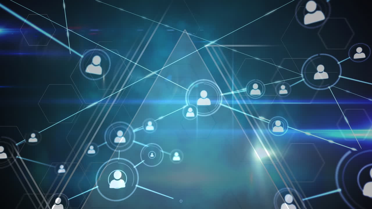 animación de la red de conexiones con iconos sobre fondo azul