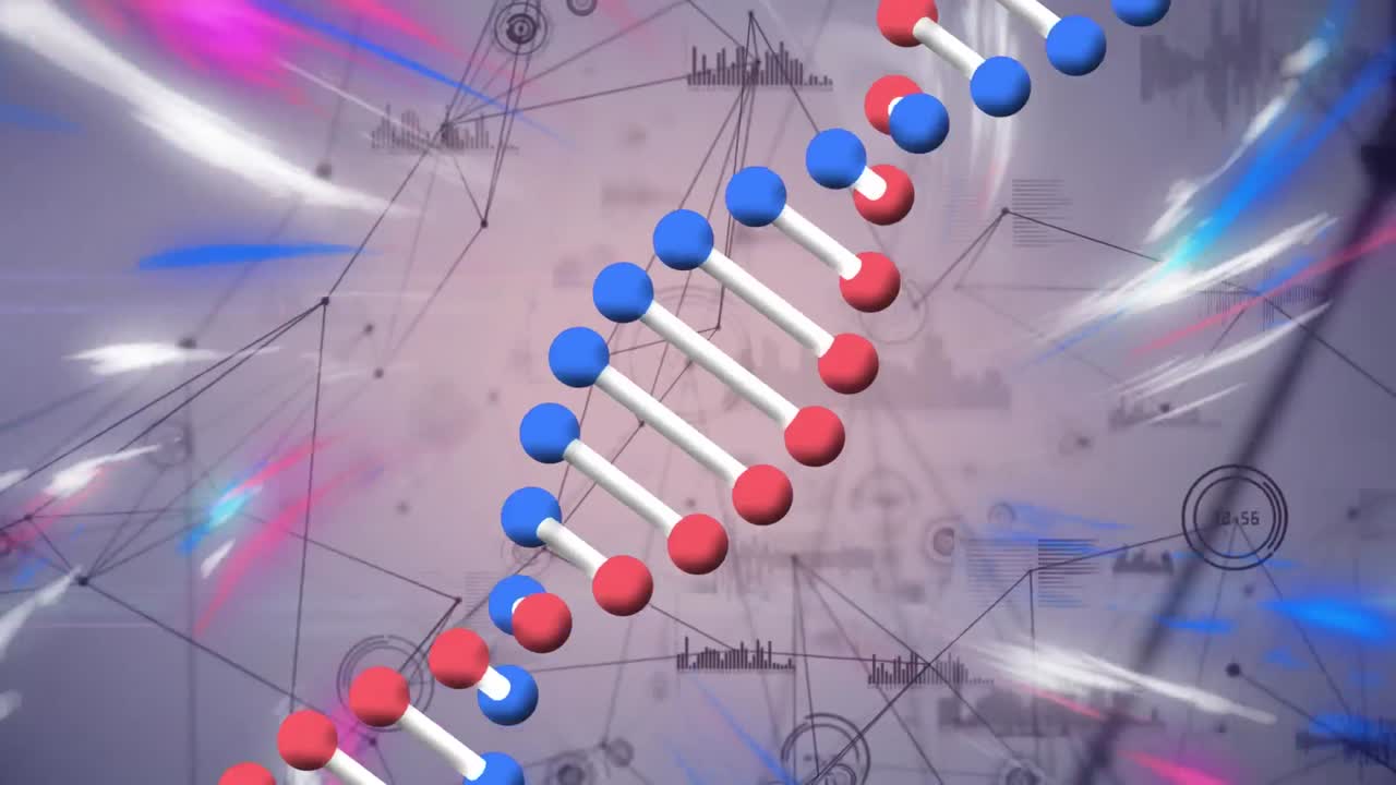 연결 네트워크와 데이터 처리에 대해 회전하는 dna 구조의 디지털 애니메이션