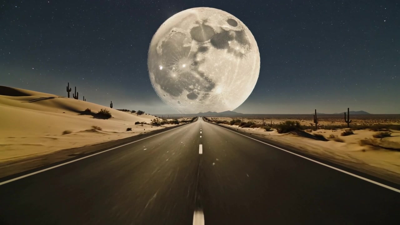 Start afspelen, camera beweegt 's nachts langs een woestijnweg met middenstrepen, richting een grote maan.