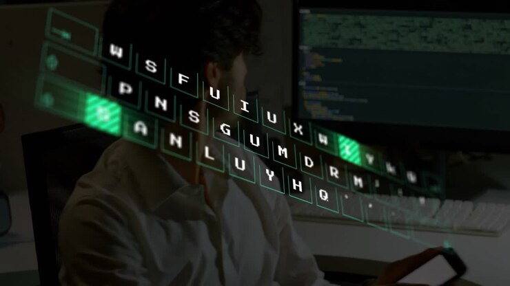Coder tapping smartphone while gesturing, activating hologram keyboard and editing code on screen