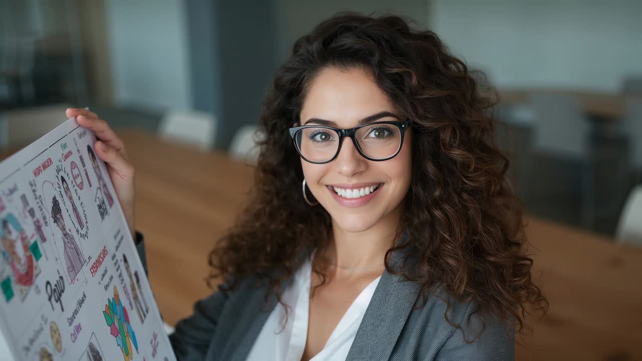 Camera focusing woman holding board at meeting table, angling, showing colorful art in grey blazer
