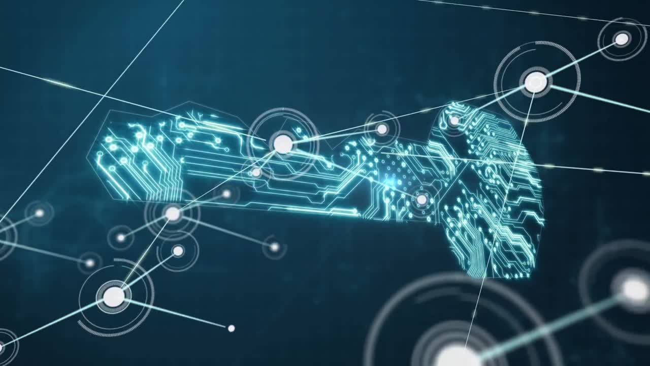 검은색 배경 위에 연결 네트워크와 키 아이콘의 애니메이션