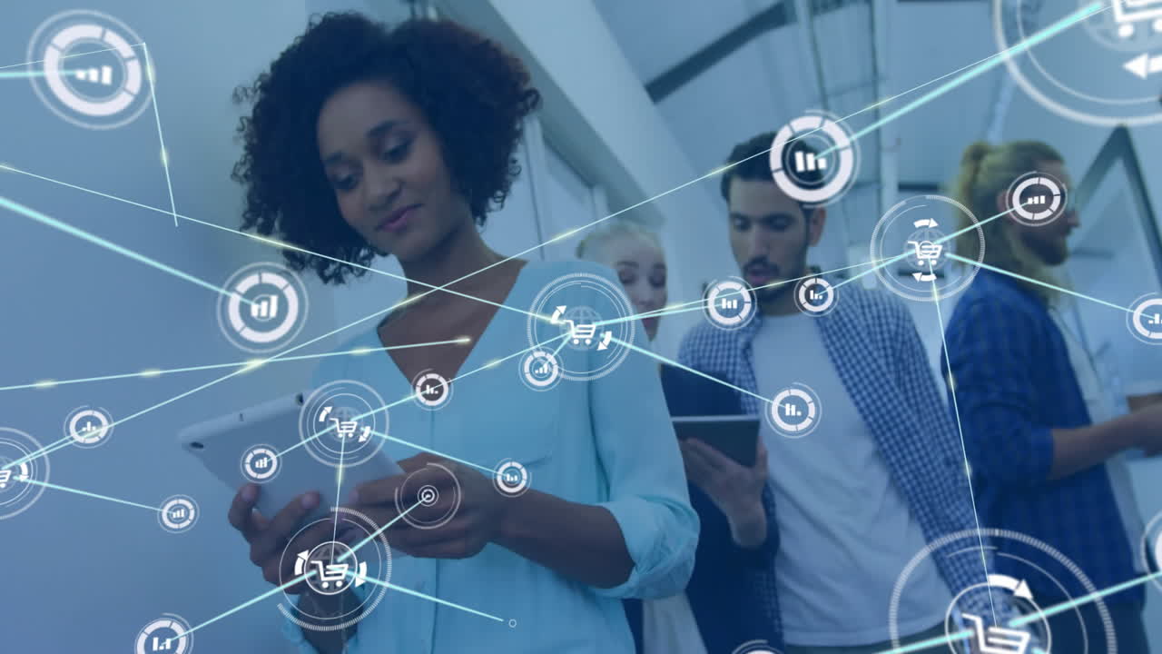 Using tablets, diverse people connecting and processing data in network animation