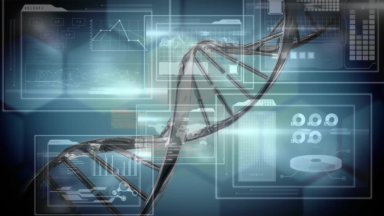 animación de la cadena de adn sobre el procesamiento de datos en fondo azul