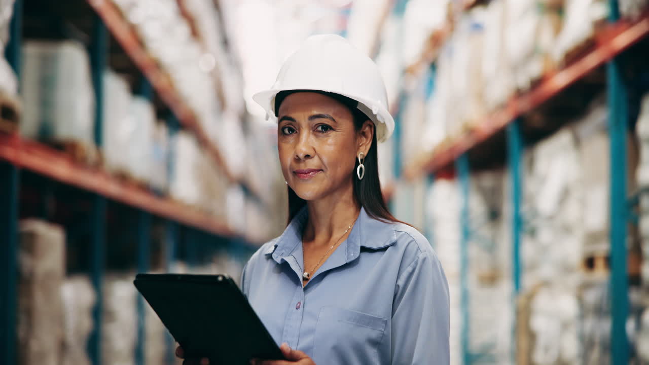 Woman in warehouse with tablet and hard hat