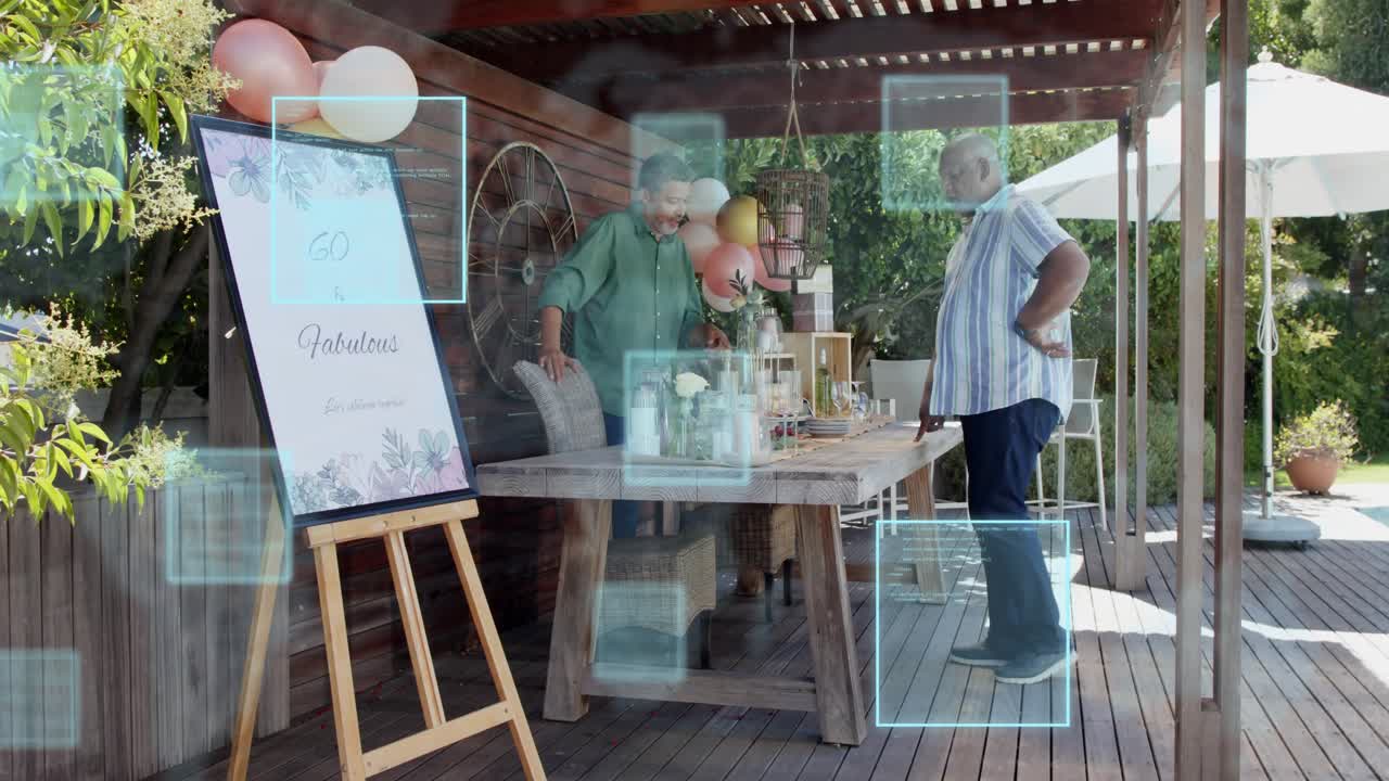 Host adjusting decor while guest walking in, arranging jars, HUD guiding party setup for 60th