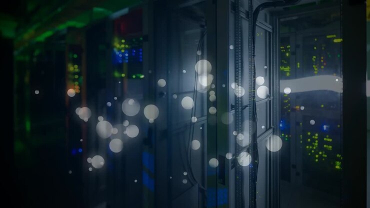 Animation of lights and dots floating over servers