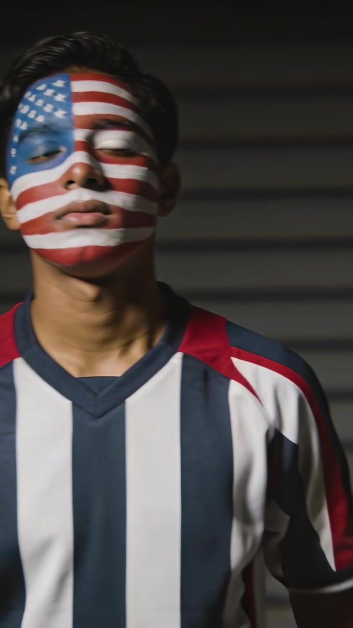 Video verticale: Telecamera che riprende un tifoso che muove la testa sul set, mostrando pittura con bandiera USA e maglia a strisce.