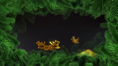 animation of christmas gold presents and snow falling with fir tree branches on black background