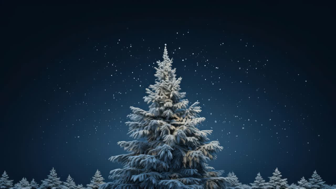 Luftaufnahme einer schneebedeckten Kiefer unter einem sternenklaren Nachthimmel, die eine ruhige Winterszene einfängt