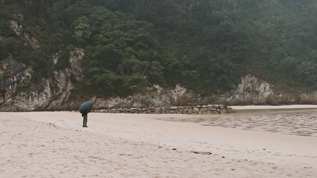 Solitary Figure with Umbrella on a Rainy Beach