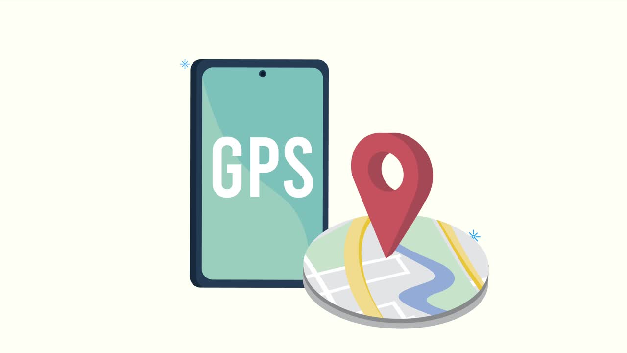animación del servicio gps con pin en el mapa y el teléfono inteligente