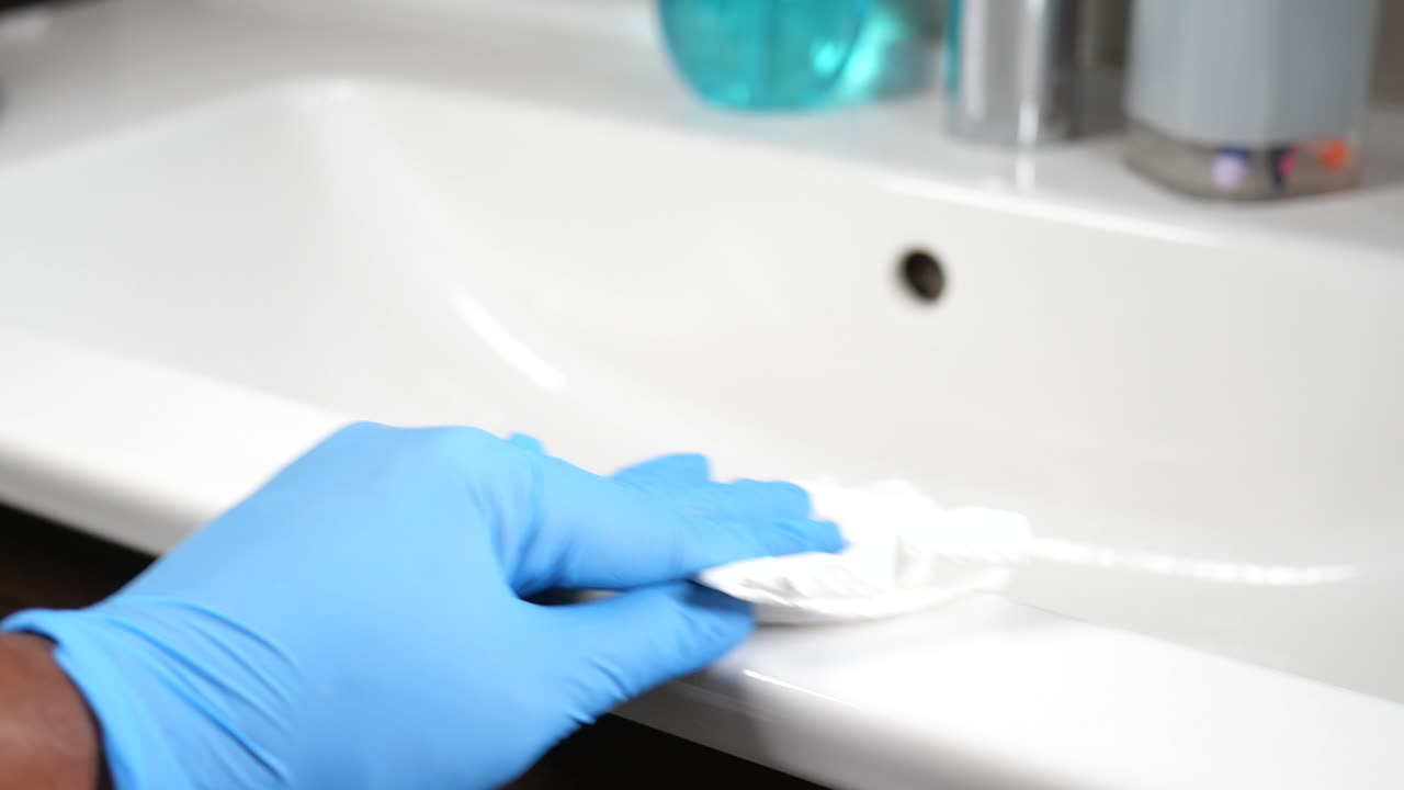 Pulizia di un lavandino del bagno con i guanti