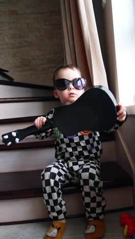 sweet little kid in checkered pajama and big sunglasses sits on the stairs at home. funny child takes the guitar and plays on it. vertical video.