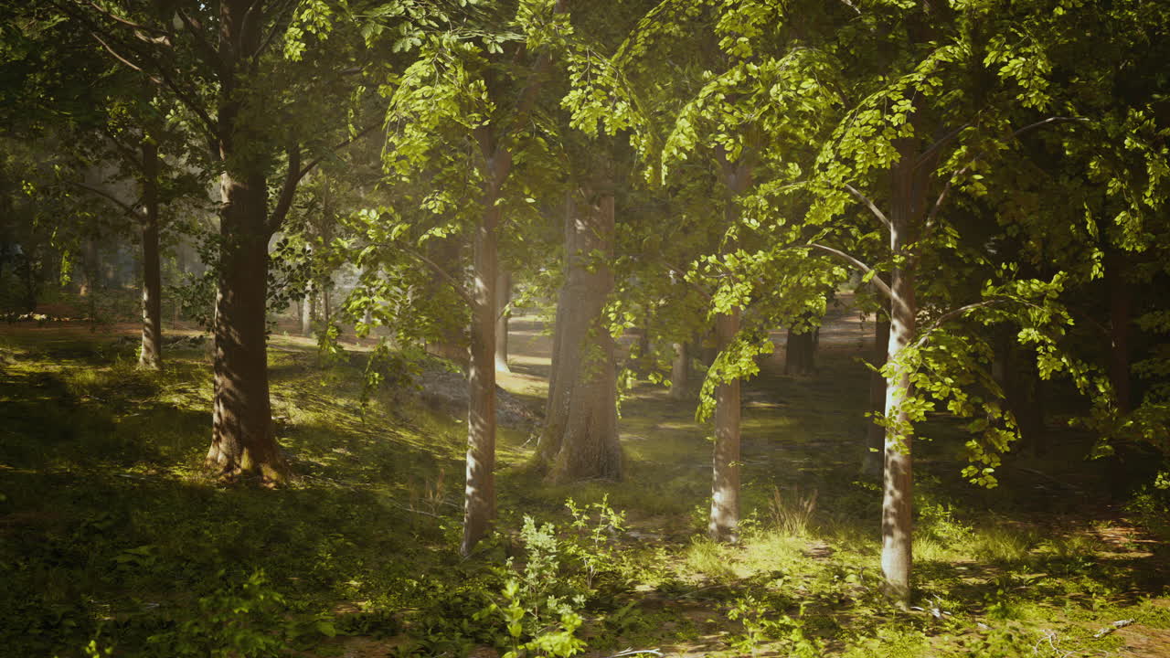 빛이 울창한 숲의 나무를 통해 필터링