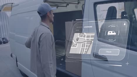 animación de la interfaz digital con mapa y procesamiento de datos sobre el repartidor caucásico