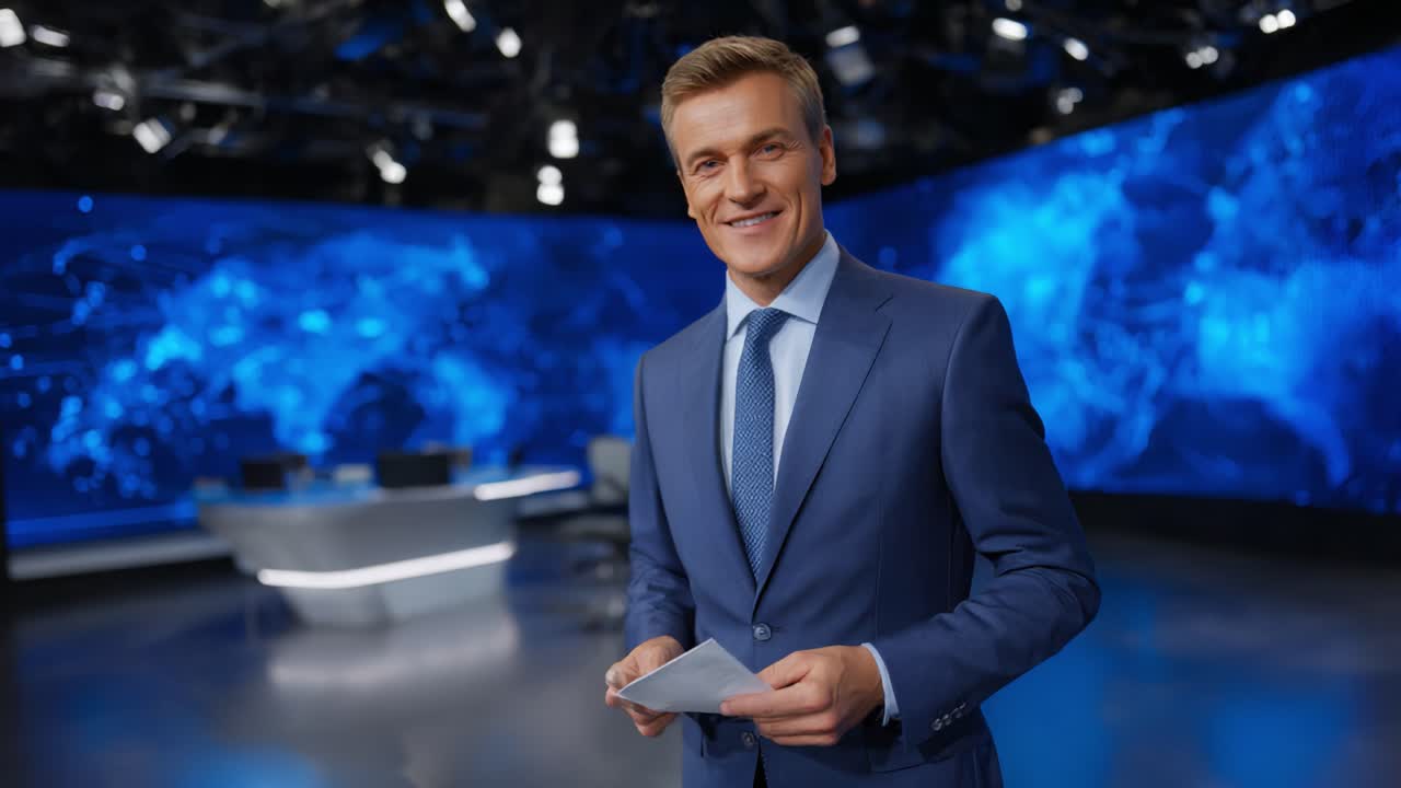 Presentatore di telegiornali professionista che conduce in un ambiente da studio moderno con sfondo high-tech e stile di presentazione coinvolgente per trasmissioni nazionali