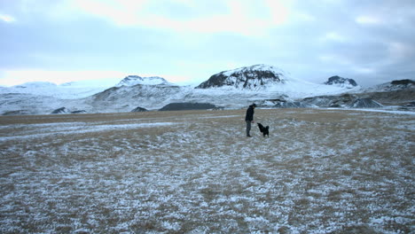 stable shot shows a young man and his energetic dog playing on a snow covered field