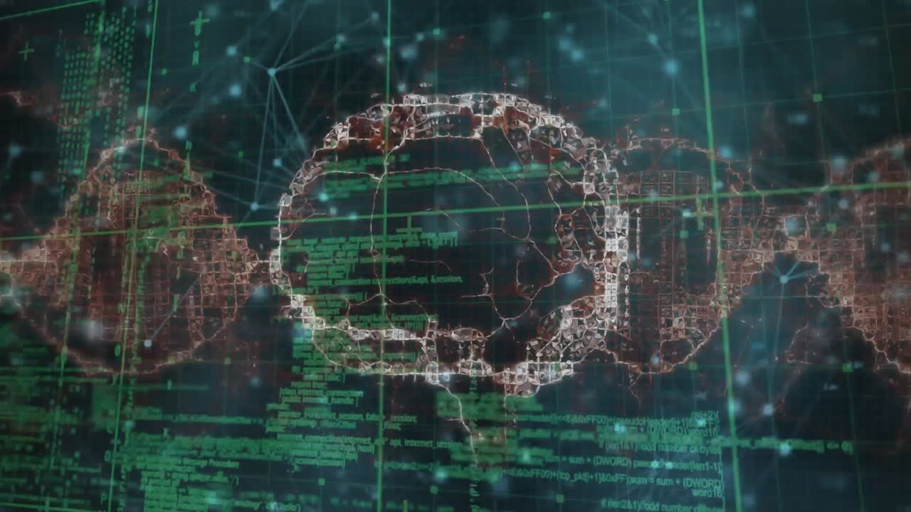 Animation of brain rotating, over network of connections and data processing on black background