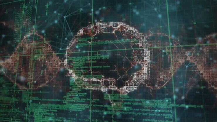 Animation of brain rotating, over network of connections and data processing on black background