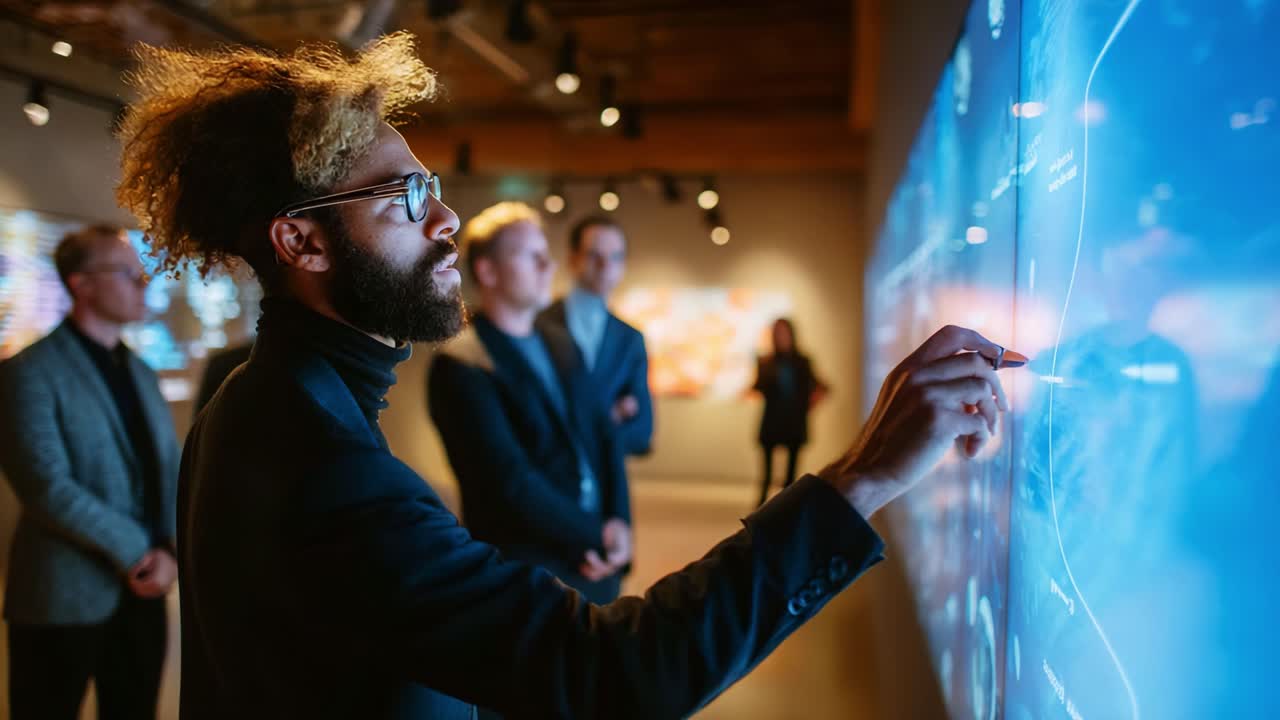 Engaging Interaction at a Digital Exhibition: A Attendee Analyzes Data Display on Interactive Screen Surrounded by Others in a Modern Art Space