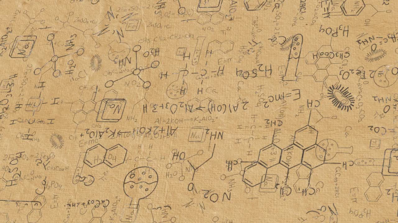 종이에 있는 화학 화합물의 검은색 구조 공식의 애니메이션