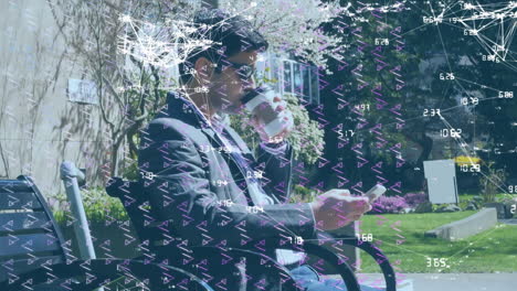 animation of pattern and network of connections over caucasian businessman using smartphone