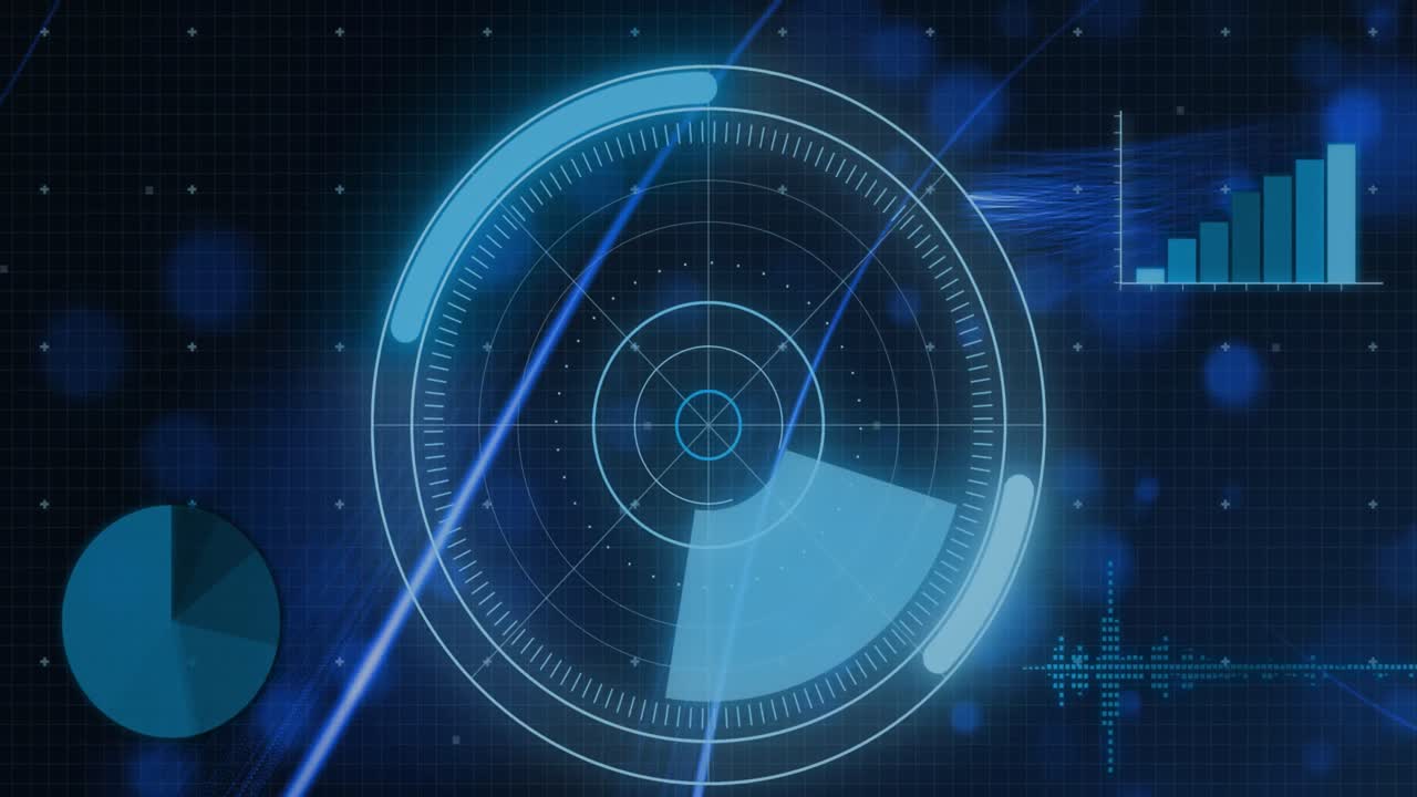 animación de escáner circular y procesamiento de datos sobre manchas de luz azul sobre fondo negro.